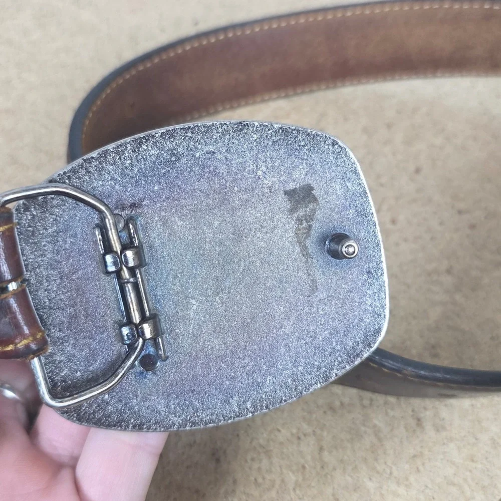 Vintage Brown Oil Tanned Leather Western boho Belt Turquoise Buckle‎ USA 36